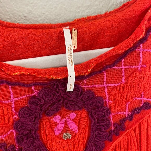 Free People Begonia Embroidered Top Size Small Red Orange Long Sleeve Boho - Picture 7 of 10
